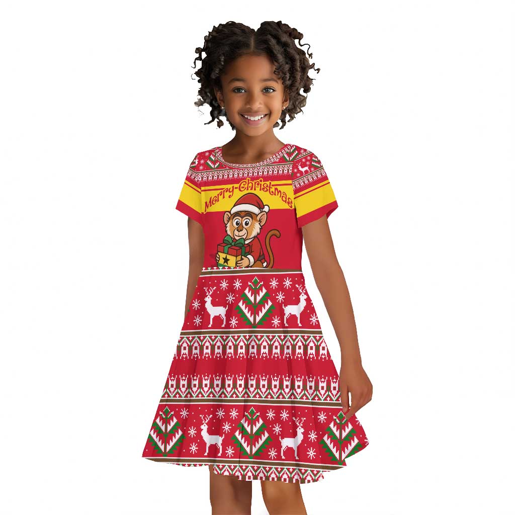 Ghana Christmas Kid Short Sleeve Dress Monkey Holding Gift Ghana Map and Festive - African Pride