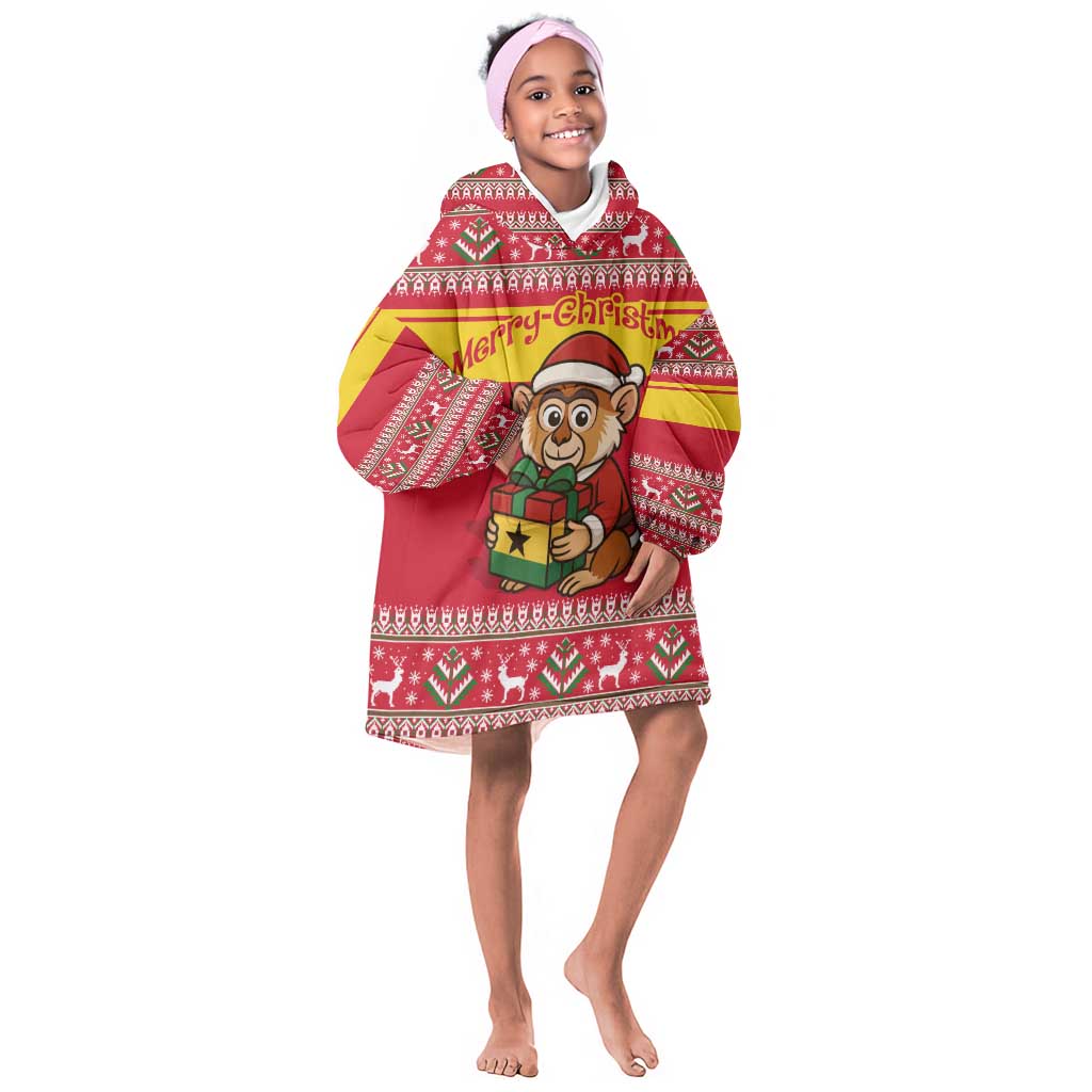 Ghana Christmas Kid Wearable Blanket Hoodie Monkey Holding Gift Ghana Map and Festive - African Pride