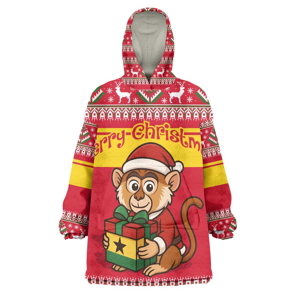 Ghana Christmas Kid Wearable Blanket Hoodie Monkey Holding Gift Ghana Map and Festive - African Pride