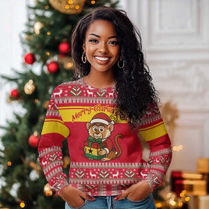 Ghana Christmas Ugly Christmas Sweater Monkey Holding Gift Ghana Map and Festive - African Pride