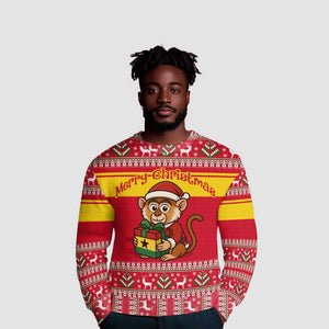 Ghana Christmas Ugly Christmas Sweater Monkey Holding Gift Ghana Map and Festive - African Pride