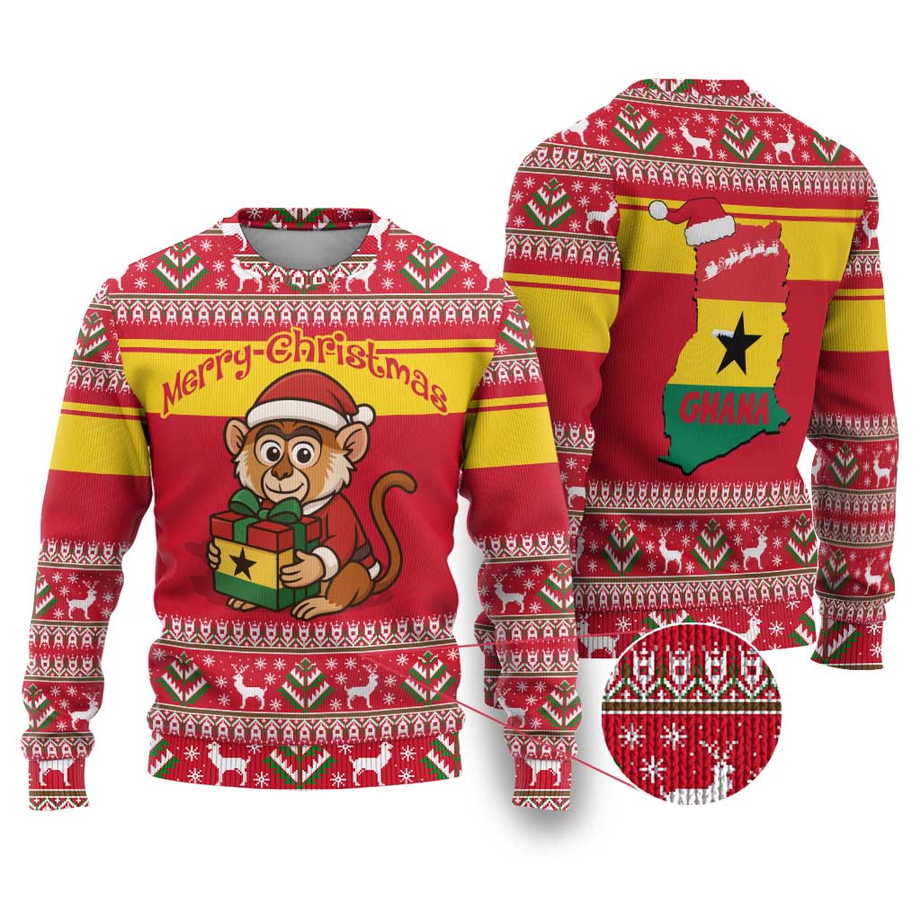 Ghana Christmas Ugly Christmas Sweater Monkey Holding Gift Ghana Map and Festive - African Pride