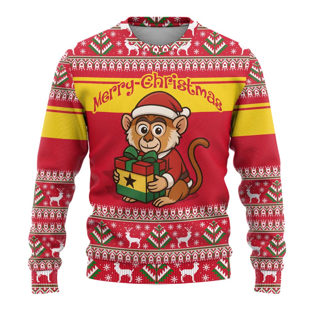 Ghana Christmas Ugly Christmas Sweater Monkey Holding Gift Ghana Map and Festive - African Pride