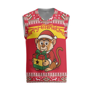 Ghana Christmas Knitted V-Neck Vest Monkey Holding Gift Ghana Map and Festive - African Pride