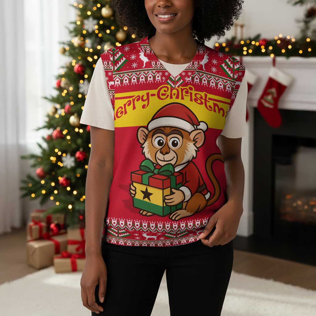 Ghana Christmas Knitted V-Neck Vest Monkey Holding Gift Ghana Map and Festive - African Pride