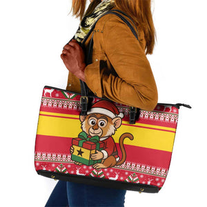 Ghana Christmas Leather Tote Bag Monkey Holding Gift Ghana Map and Festive - African Pride