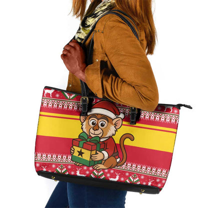 Ghana Christmas Leather Tote Bag Monkey Holding Gift Ghana Map and Festive - African Pride