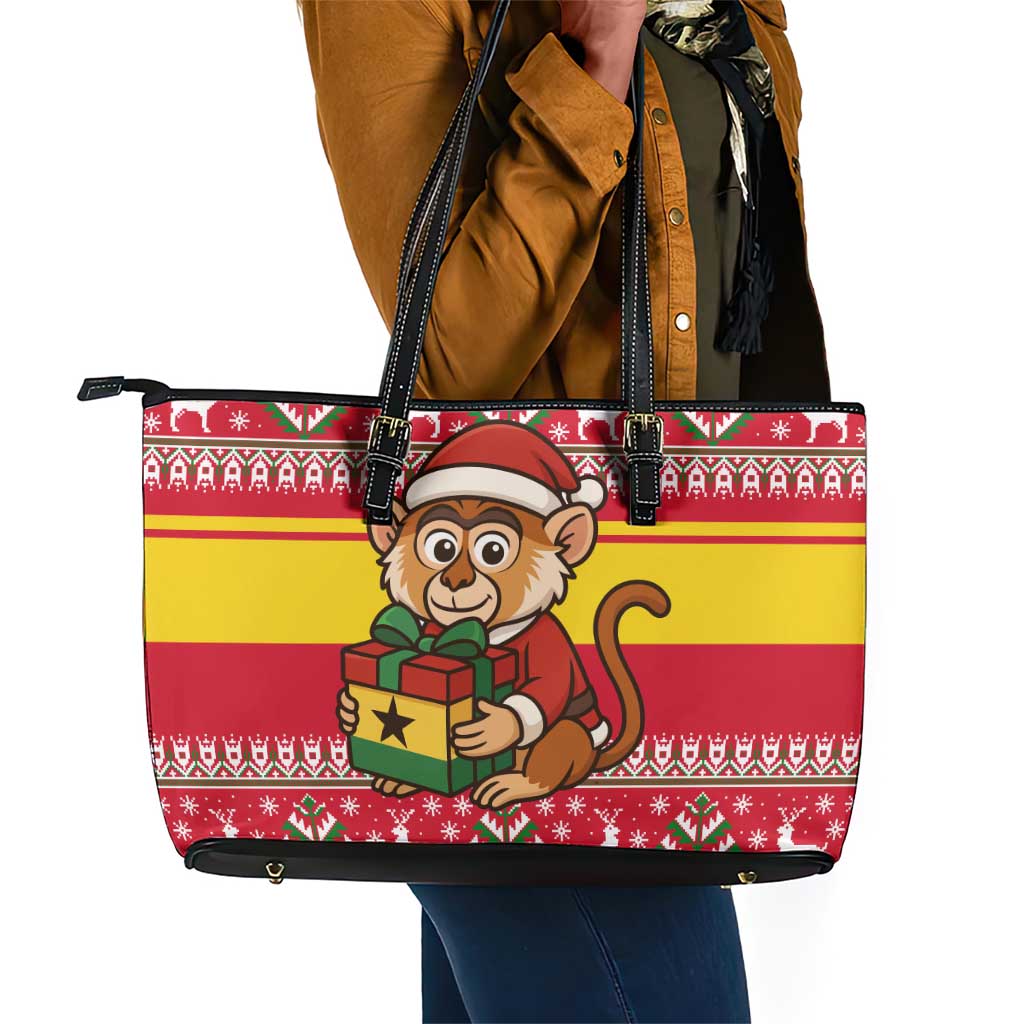 Ghana Christmas Leather Tote Bag Monkey Holding Gift Ghana Map and Festive - African Pride