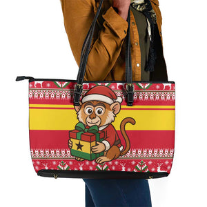 Ghana Christmas Leather Tote Bag Monkey Holding Gift Ghana Map and Festive - African Pride