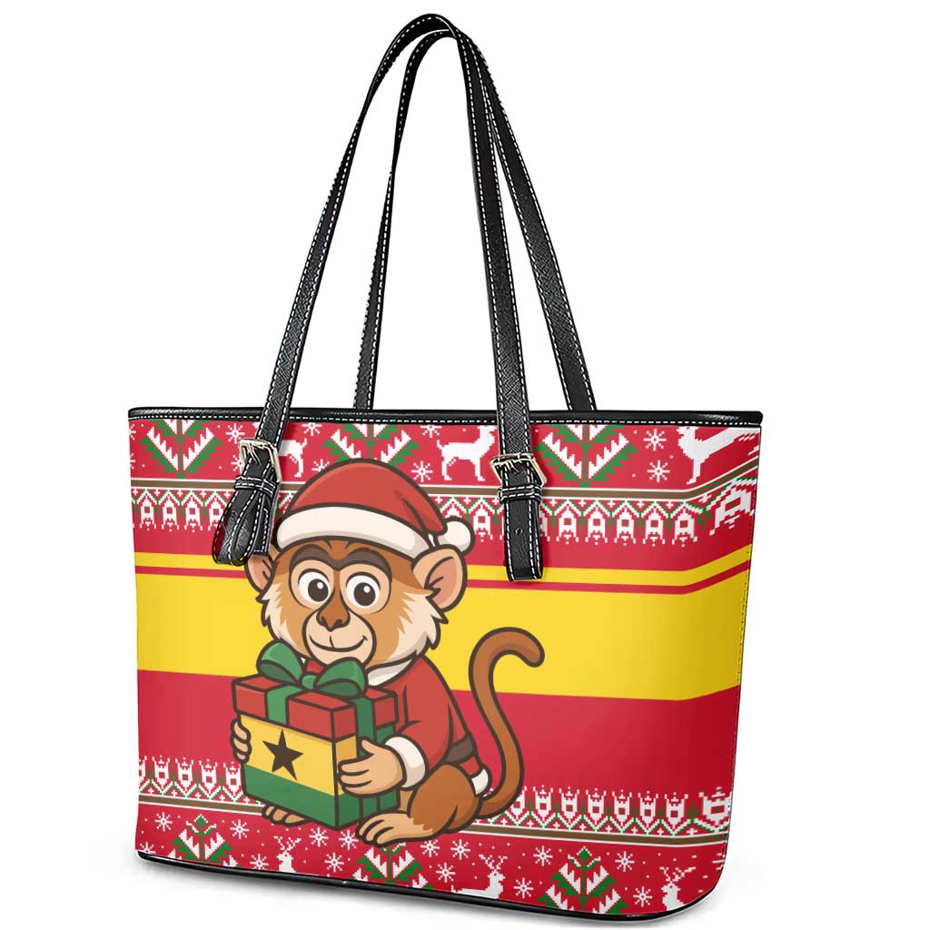 Ghana Christmas Leather Tote Bag Monkey Holding Gift Ghana Map and Festive - African Pride