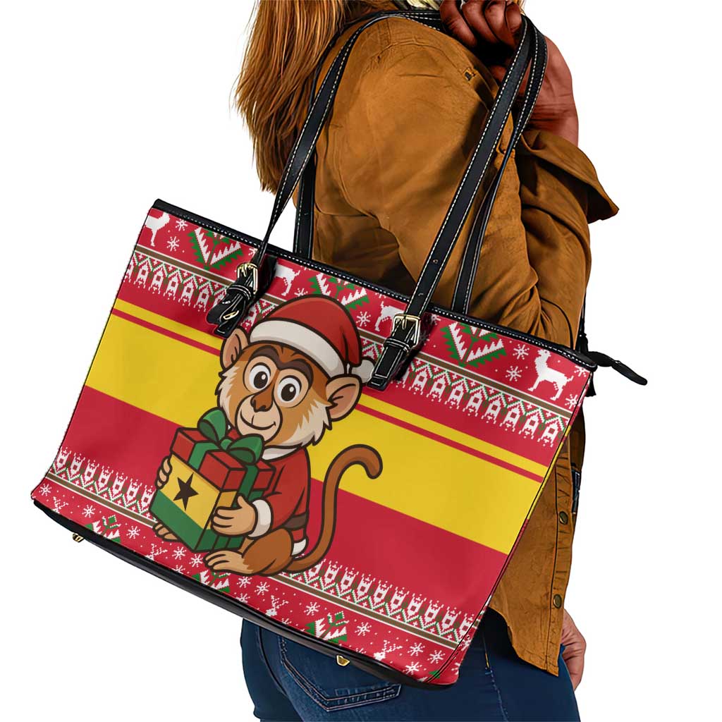 Ghana Christmas Leather Tote Bag Monkey Holding Gift Ghana Map and Festive - African Pride