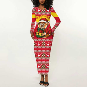 Ghana Christmas Long Sleeve Bodycon Dress Monkey Holding Gift Ghana Map and Festive - African Pride