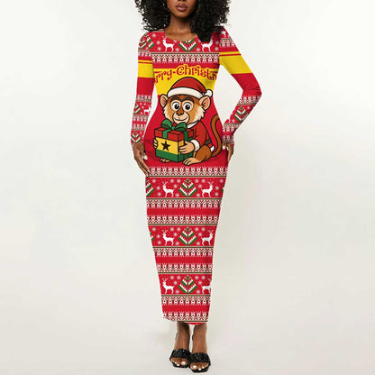 Ghana Christmas Long Sleeve Bodycon Dress Monkey Holding Gift Ghana Map and Festive - African Pride