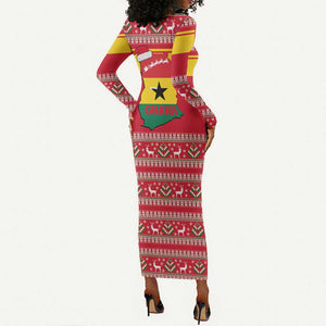 Ghana Christmas Long Sleeve Bodycon Dress Monkey Holding Gift Ghana Map and Festive - African Pride