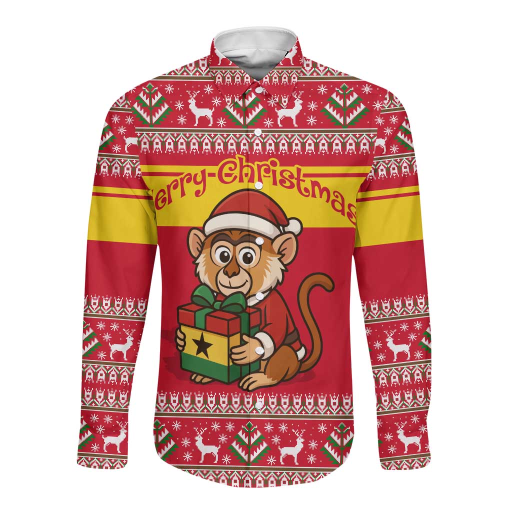 Ghana Christmas Long Sleeve Button Shirt Monkey Holding Gift Ghana Map and Festive - African Pride