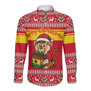 Ghana Christmas Long Sleeve Button Shirt Monkey Holding Gift Ghana Map and Festive - African Pride