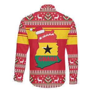 Ghana Christmas Long Sleeve Button Shirt Monkey Holding Gift Ghana Map and Festive - African Pride