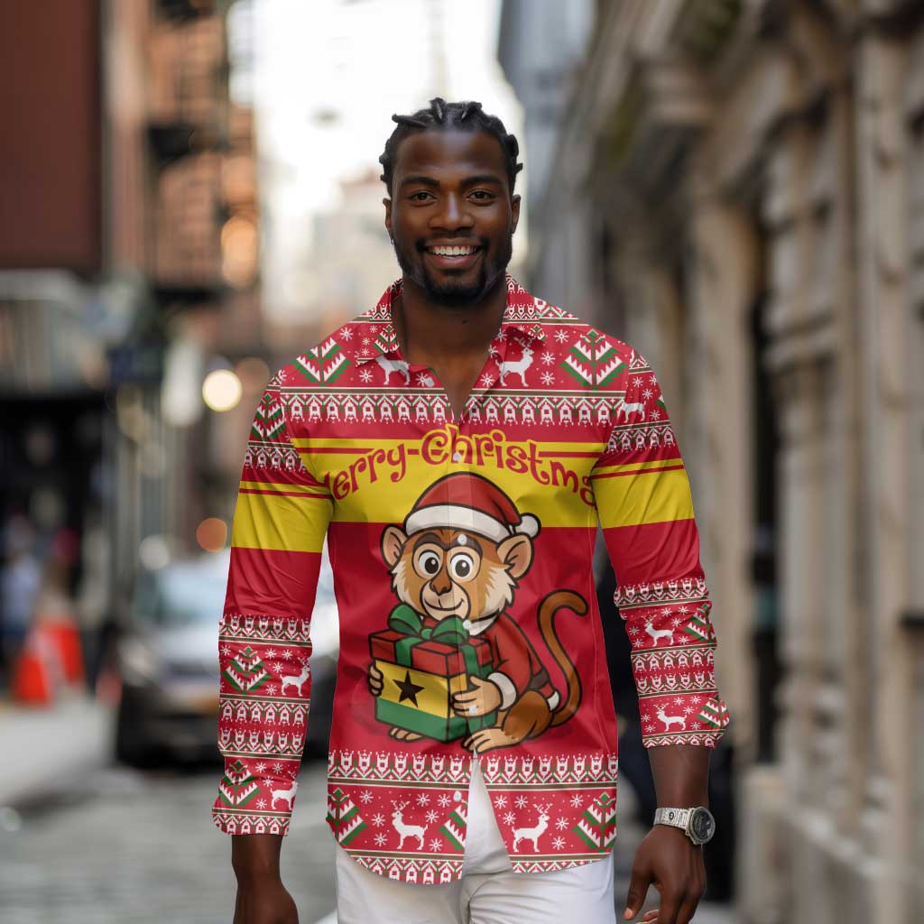 Ghana Christmas Long Sleeve Button Shirt Monkey Holding Gift Ghana Map and Festive - African Pride
