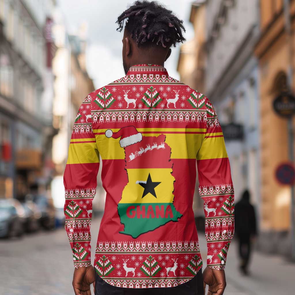 Ghana Christmas Long Sleeve Button Shirt Monkey Holding Gift Ghana Map and Festive - African Pride