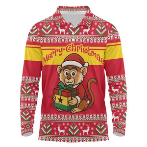 Ghana Christmas Long Sleeve Polo Shirt Monkey Holding Gift Ghana Map and Festive - African Pride