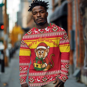Ghana Christmas Long Sleeve Shirt Monkey Holding Gift Ghana Map and Festive - African Pride
