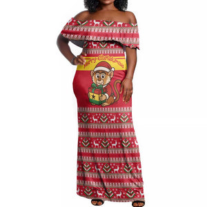 Ghana Christmas Off Shoulder Maxi Dress Monkey Holding Gift Ghana Map and Festive - African Pride