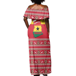 Ghana Christmas Off Shoulder Maxi Dress Monkey Holding Gift Ghana Map and Festive - African Pride