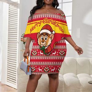 Ghana Christmas Off Shoulder Short Dress Monkey Holding Gift Ghana Map and Festive - African Pride