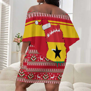 Ghana Christmas Off Shoulder Short Dress Monkey Holding Gift Ghana Map and Festive - African Pride