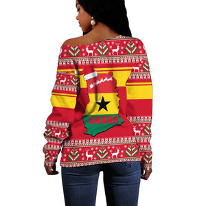 Ghana Christmas Off Shoulder Sweater Monkey Holding Gift Ghana Map and Festive - African Pride