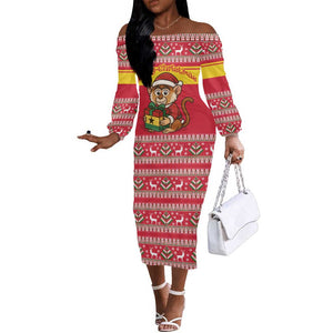 Ghana Christmas Off The Shoulder Long Sleeve Dress Monkey Holding Gift Ghana Map and Festive - African Pride