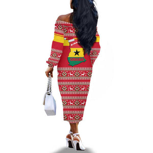Ghana Christmas Off The Shoulder Long Sleeve Dress Monkey Holding Gift Ghana Map and Festive - African Pride