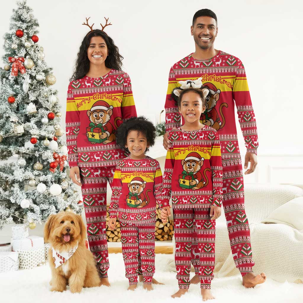 Ghana Christmas Pajama Set Monkey Holding Gift Ghana Map and Festive - African Pride
