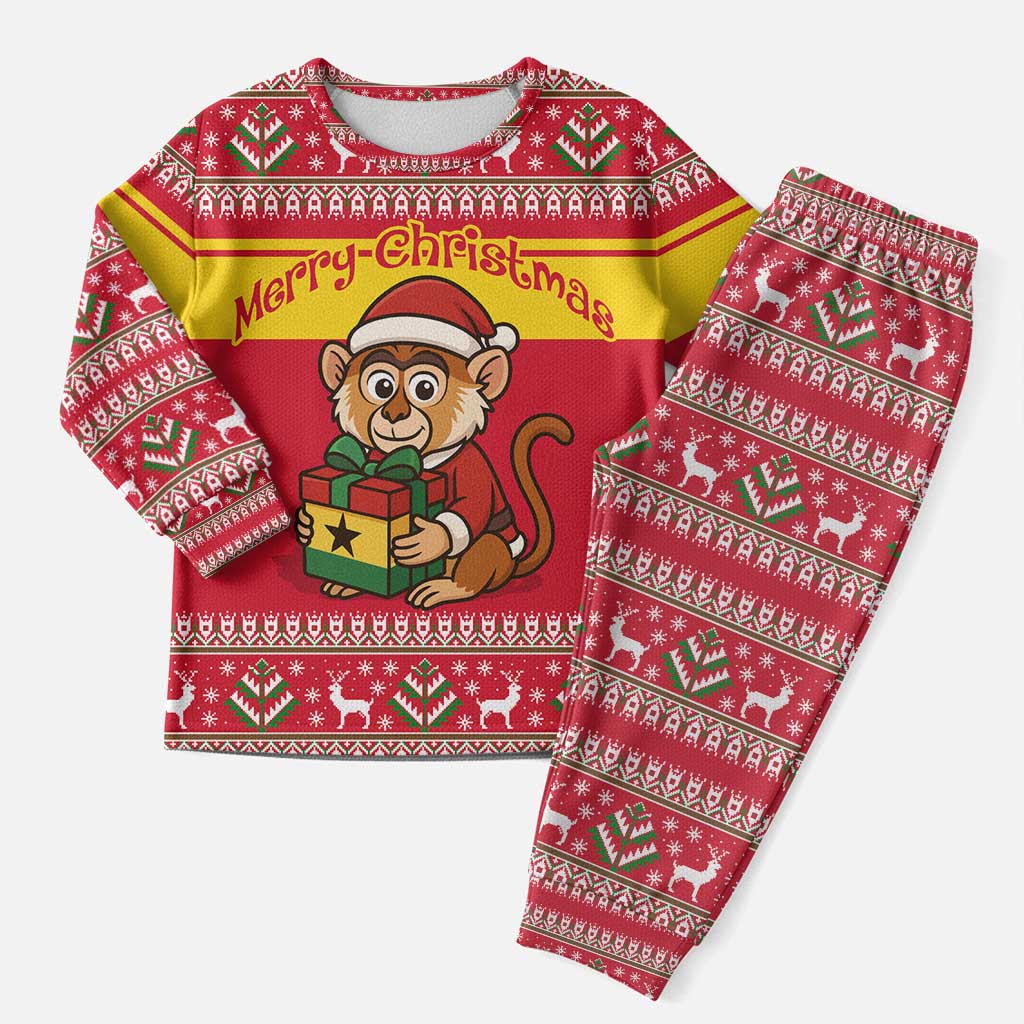 Ghana Christmas Pajama Set Monkey Holding Gift Ghana Map and Festive - African Pride
