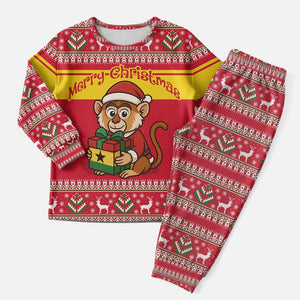 Ghana Christmas Pajama Set Monkey Holding Gift Ghana Map and Festive - African Pride