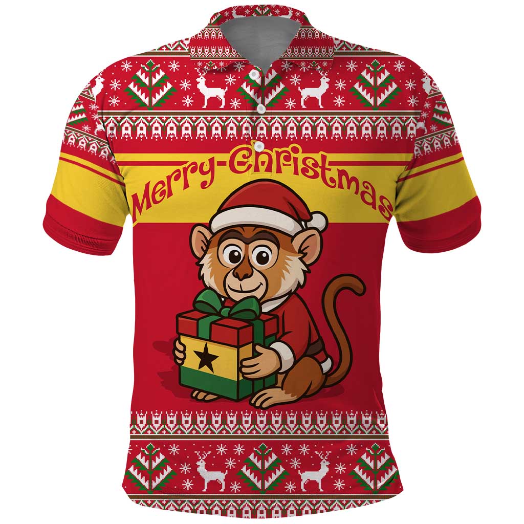 Ghana Christmas Polo Shirt Monkey Holding Gift Ghana Map and Festive - African Pride