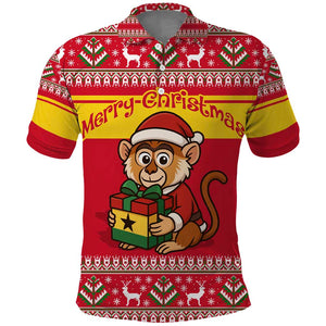 Ghana Christmas Polo Shirt Monkey Holding Gift Ghana Map and Festive - African Pride