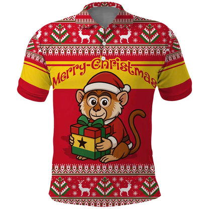 Ghana Christmas Polo Shirt Monkey Holding Gift Ghana Map and Festive - African Pride