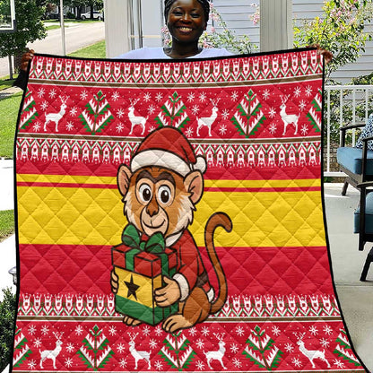 Ghana Christmas Quilt Monkey Holding Gift Ghana Map and Festive - African Pride