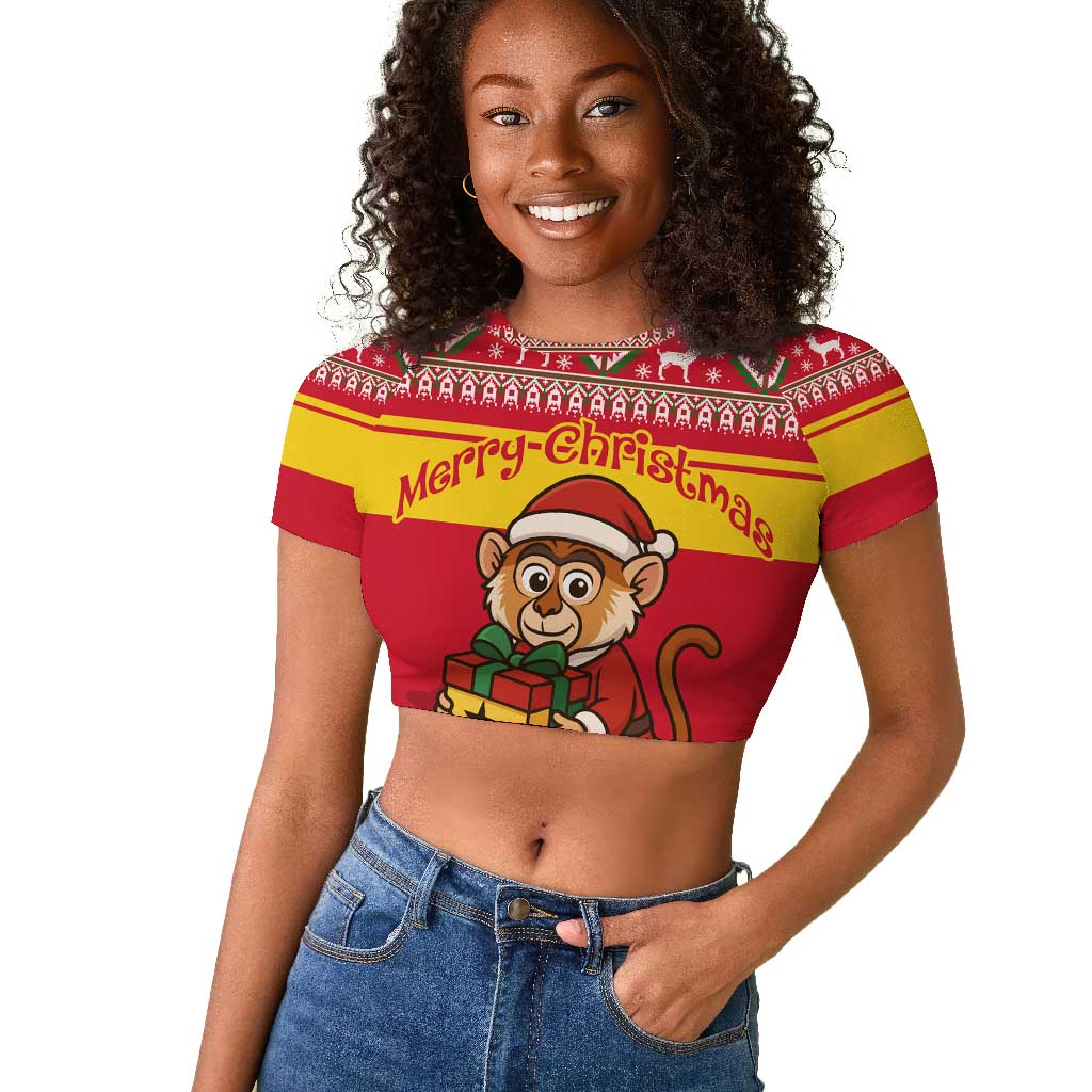 Ghana Christmas Raglan Cropped T shirt Monkey Holding Gift Ghana Map and Festive - African Pride