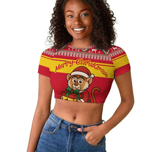 Ghana Christmas Raglan Cropped T shirt Monkey Holding Gift Ghana Map and Festive - African Pride