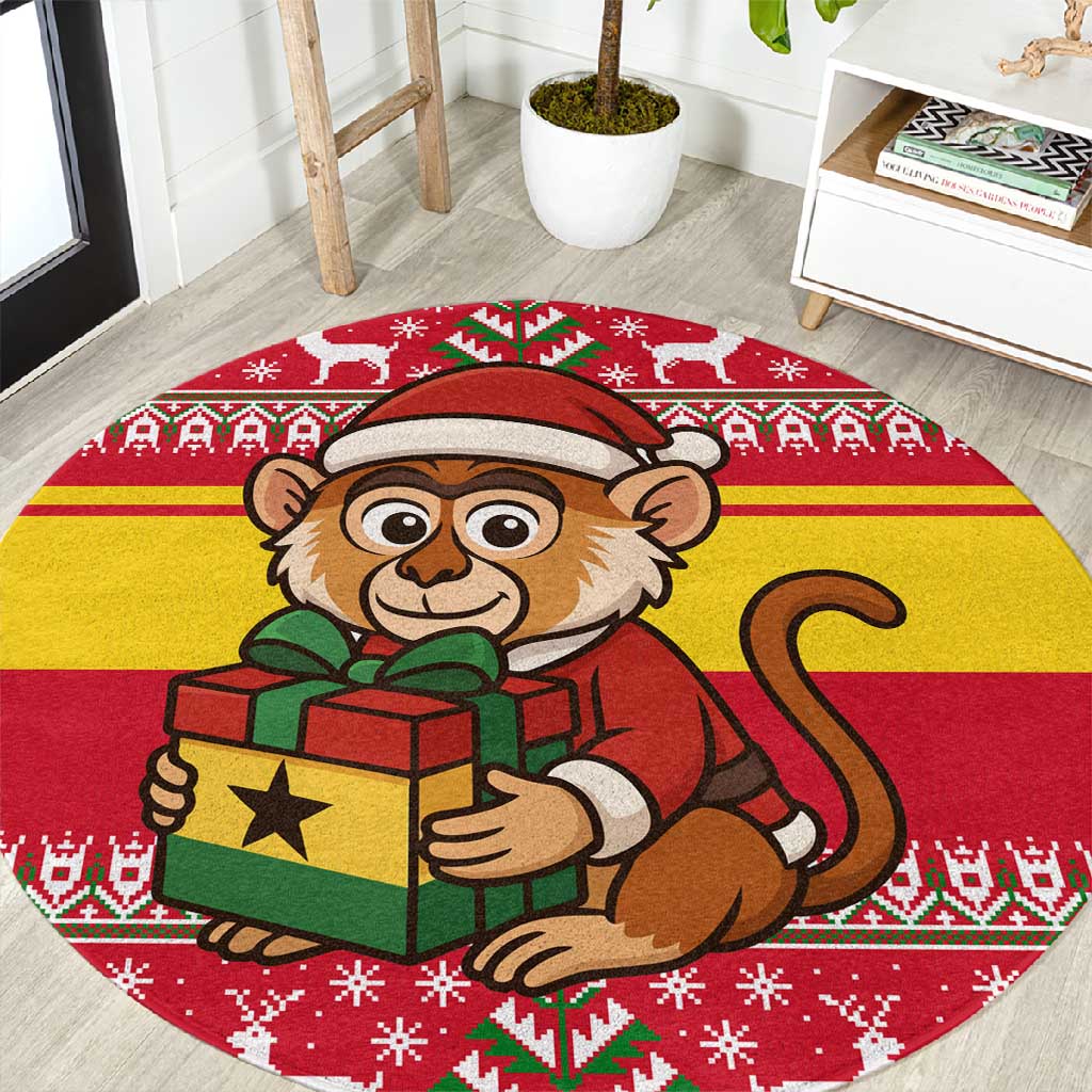 Ghana Christmas Round Carpet Monkey Holding Gift Ghana Map and Festive - African Pride