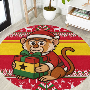 Ghana Christmas Round Carpet Monkey Holding Gift Ghana Map and Festive - African Pride