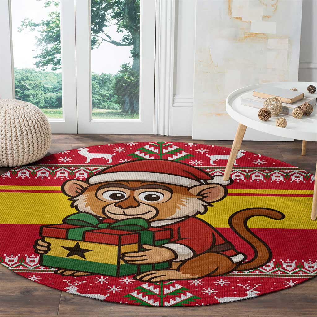 Ghana Christmas Round Carpet Monkey Holding Gift Ghana Map and Festive - African Pride