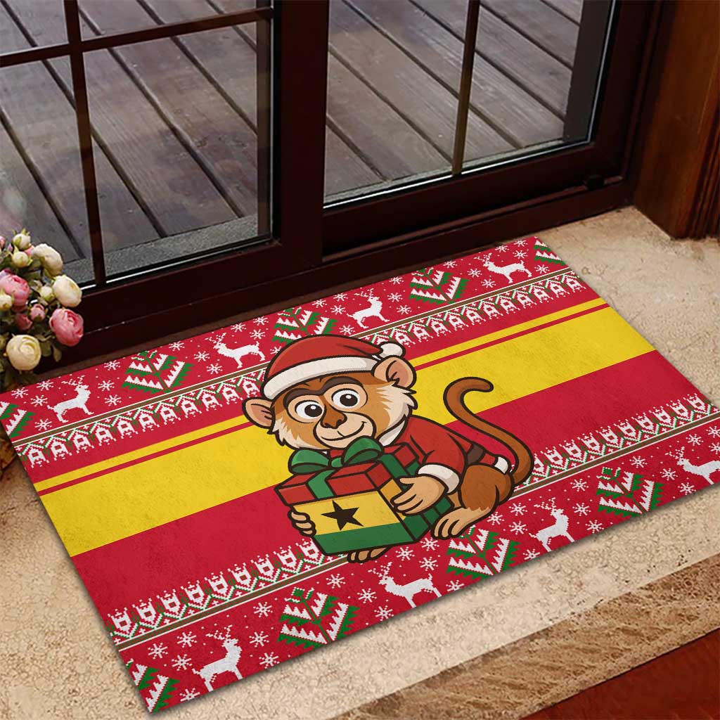 Ghana Christmas Rubber Doormat Monkey Holding Gift Ghana Map and Festive - African Pride