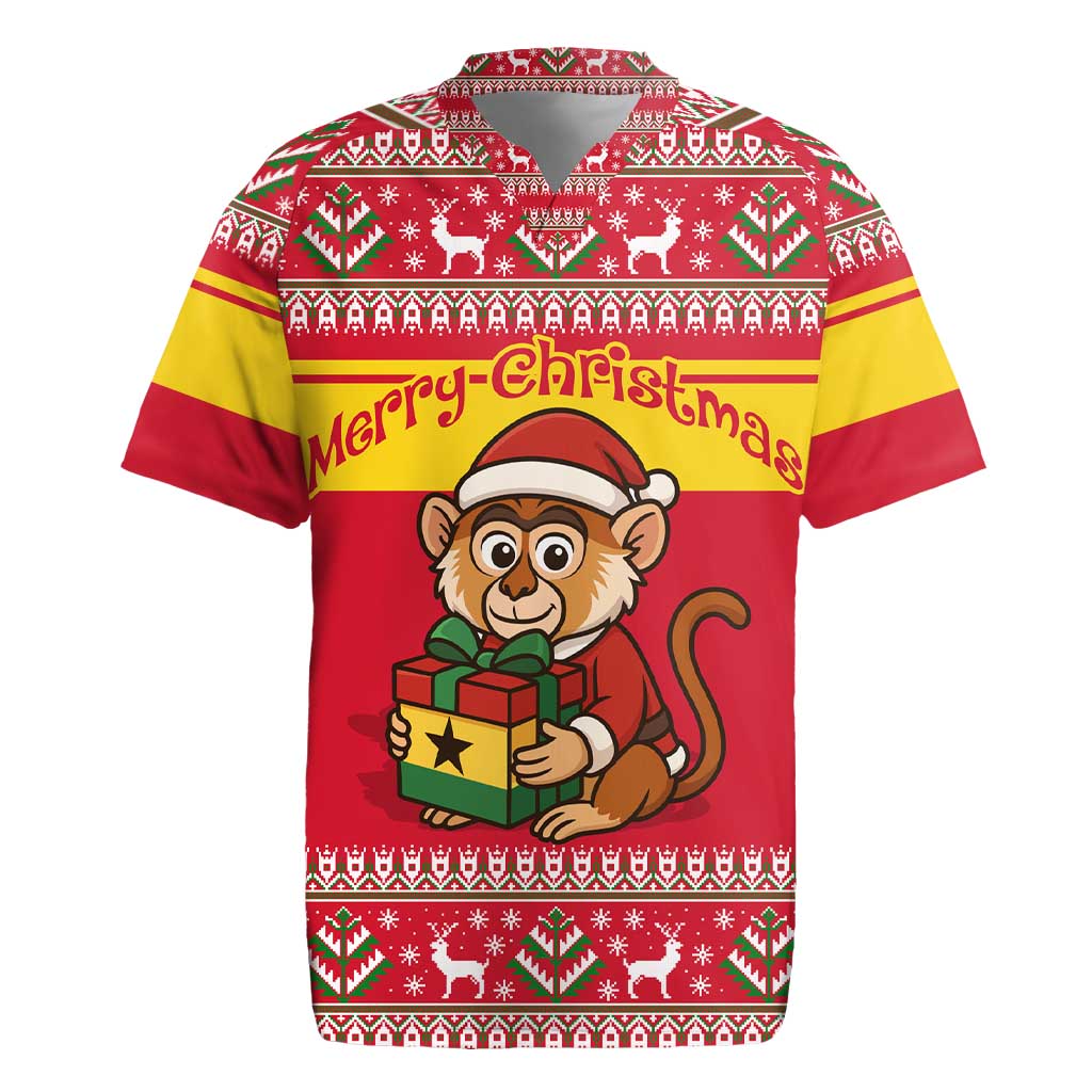 Ghana Christmas Rugby Jersey Monkey Holding Gift Ghana Map and Festive - African Pride