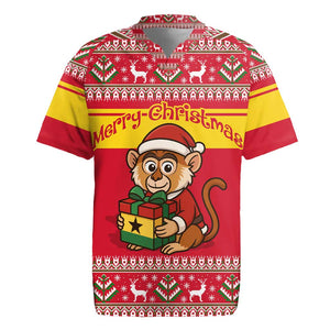 Ghana Christmas Rugby Jersey Monkey Holding Gift Ghana Map and Festive - African Pride