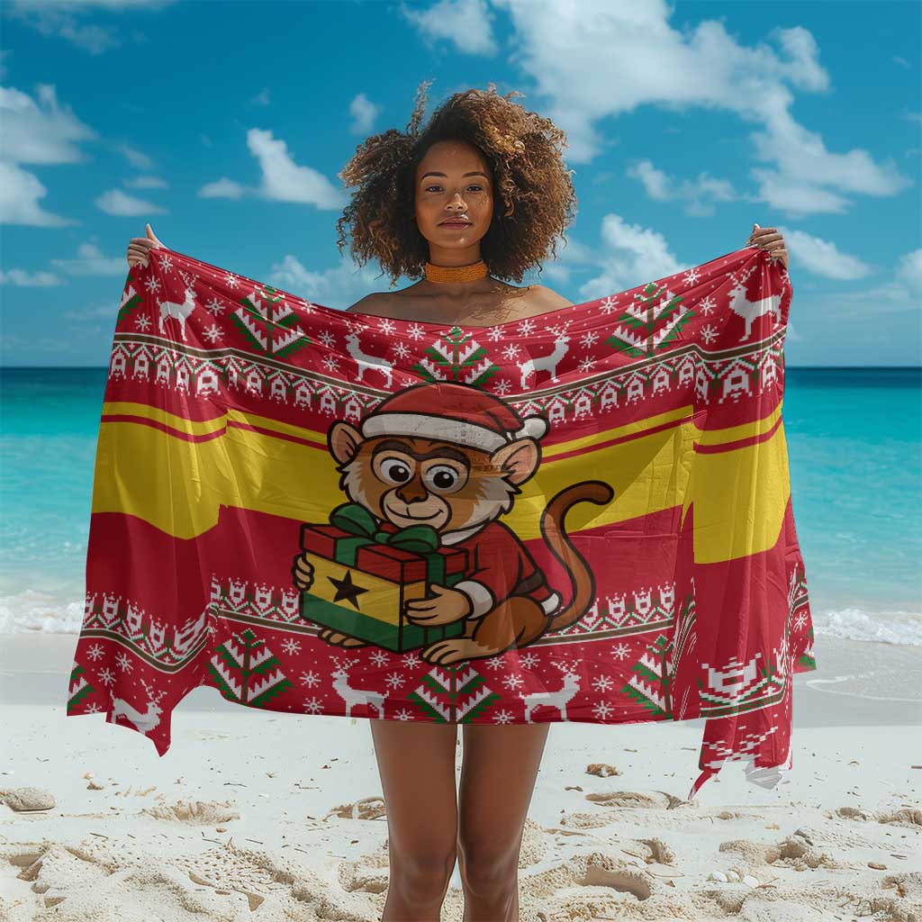 Ghana Christmas Sarong Monkey Holding Gift Ghana Map and Festive - African Pride