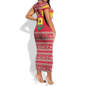 Ghana Christmas Short Sleeve Bodycon Dress Monkey Holding Gift Ghana Map and Festive - African Pride