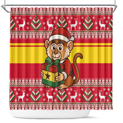 Ghana Christmas Shower Curtain Monkey Holding Gift Ghana Map and Festive - African Pride